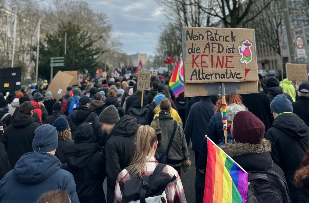 Viele Demonstrant:innen von hinten Fotografiert. Ein Schild mit der Aufschrift "Nein Patrick die AfD ist keine Alternative"